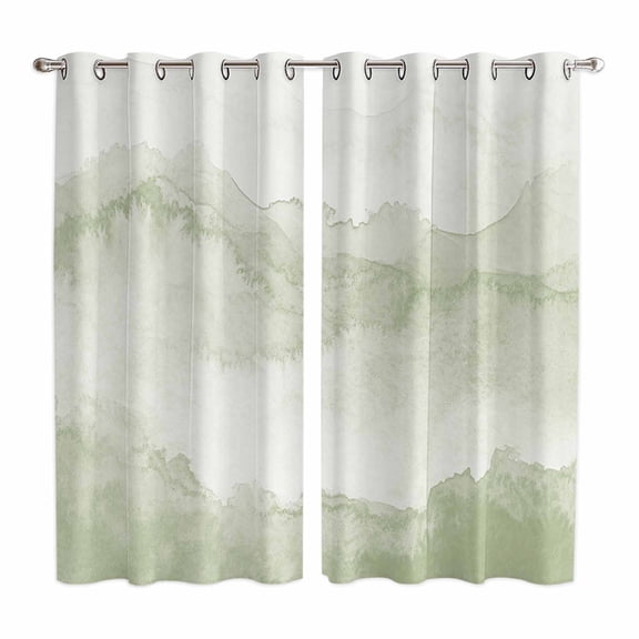 Sage Green Ombre Mountain Kitchen Curtains 63 Inch Length, Nature Abstract Art Marble Grommet Top Bedroom Living Room Curtains, Light Filtering Cafe Curtain Drapes 2 Panels Set 84''x63''