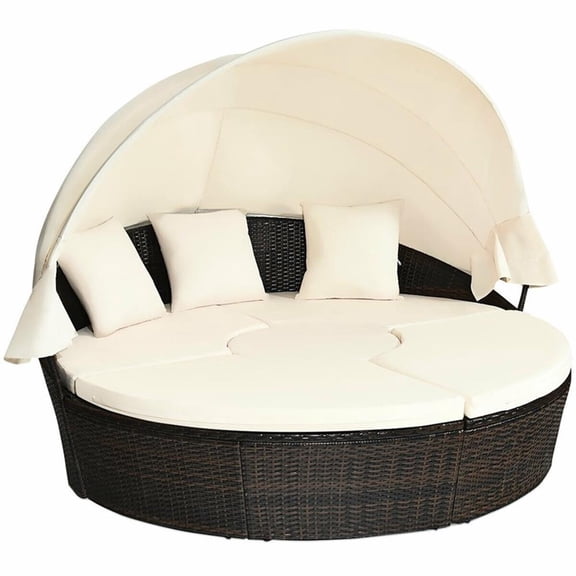 Pemberly Row Patio Rattan Daybed Cushioned Sofa Top Canopy Brown