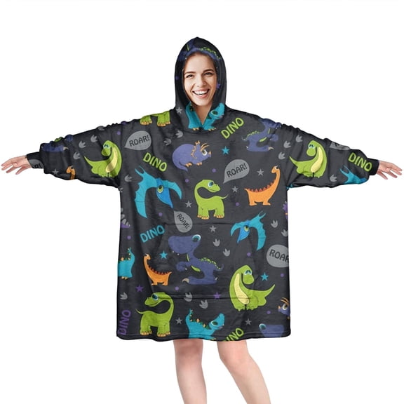 Wearable Oversized Blanket,DarkBlue Cartoon Dinosaurs Text Pattern Wearable Blanket Hoodie for Adults,Cozy Hooded Blankets with Super Pockets,Super Warm Fuzzy Pullover for Women & Men