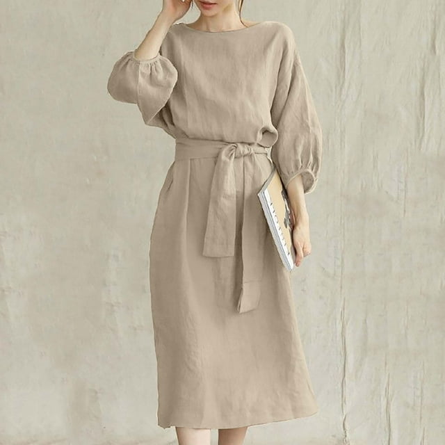 EGNMCR Robe en Coton et Lin pour Femmes Col Rond Couleur Unie Manches Mi-Longues Ample Confortable Douce avec Ceinture Corset Grande Taille Tendance Élégante Décontractée Midi