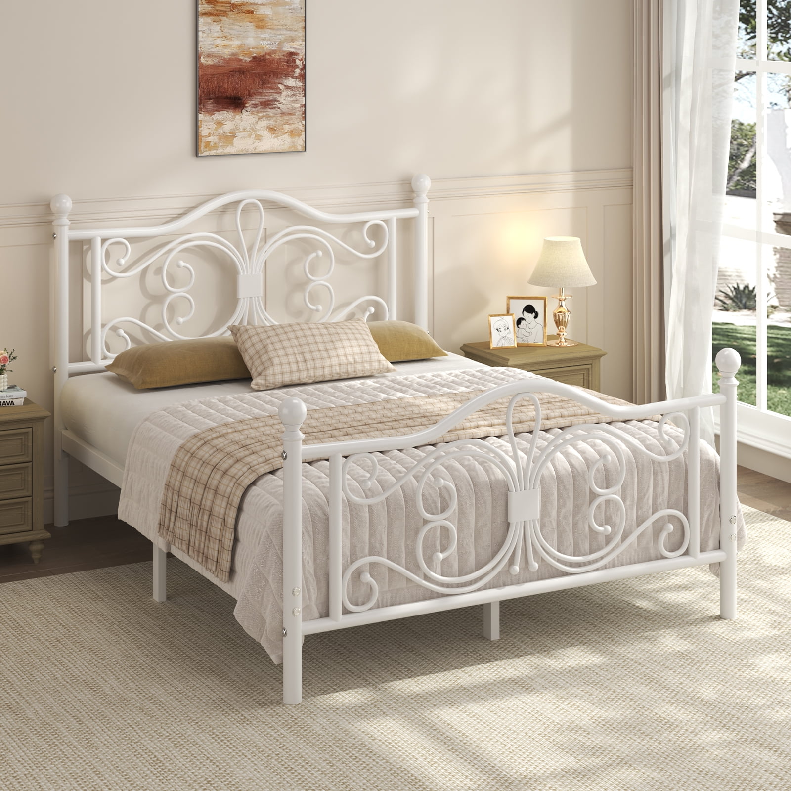EBERY Full Size Metal Bed Frame with Butterfly Pattern Design Headboard & Footboard, Underbed Storage, White