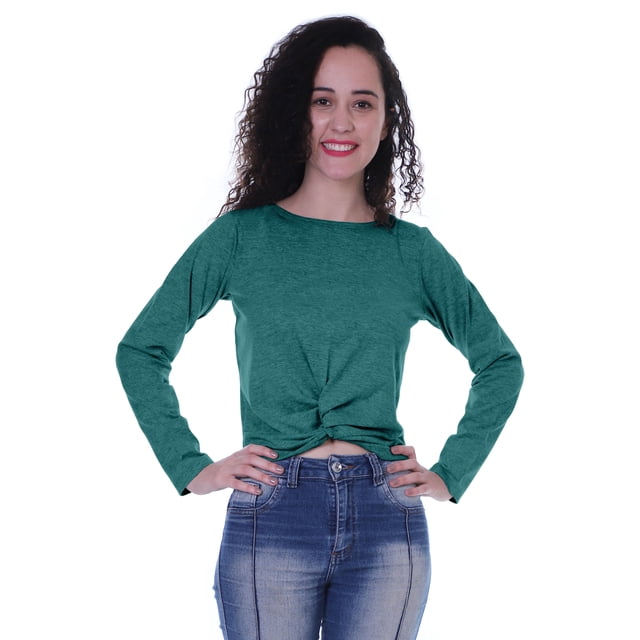 Moomaya Haut Court à Manches Longues avec Nœud devant pour Femmes T-Shirt d'Été Uni