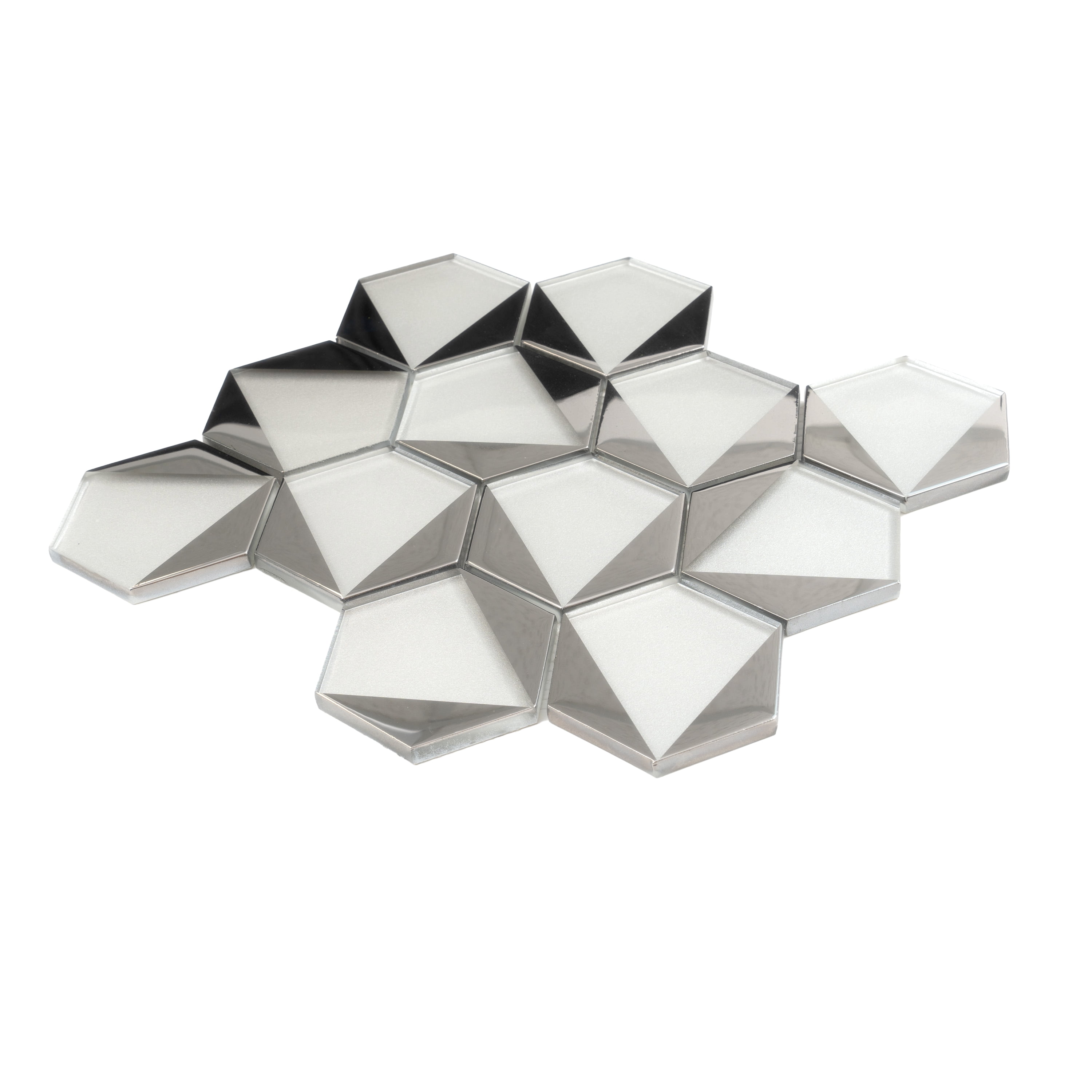 Mirari 9x11 in. Gray, Silver Glossy Glass 3D Trapezoid Mosaic Wall Tile (3.28 sq ft/case, 5-Pack)