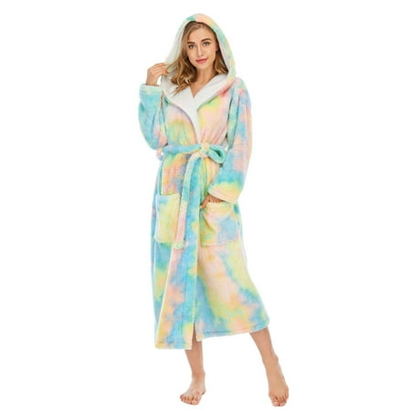 

MIARHB plus size sleepwear secret treasure Women Colorful Tie-Dye Coral Fleece Double Pockets Thick Loose Hooded Home Robe