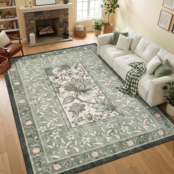 5x7 Area Rug Washable Non-Slip Vintage Cottagecore Sage Green Low Pile Living Room Bedroom Rug