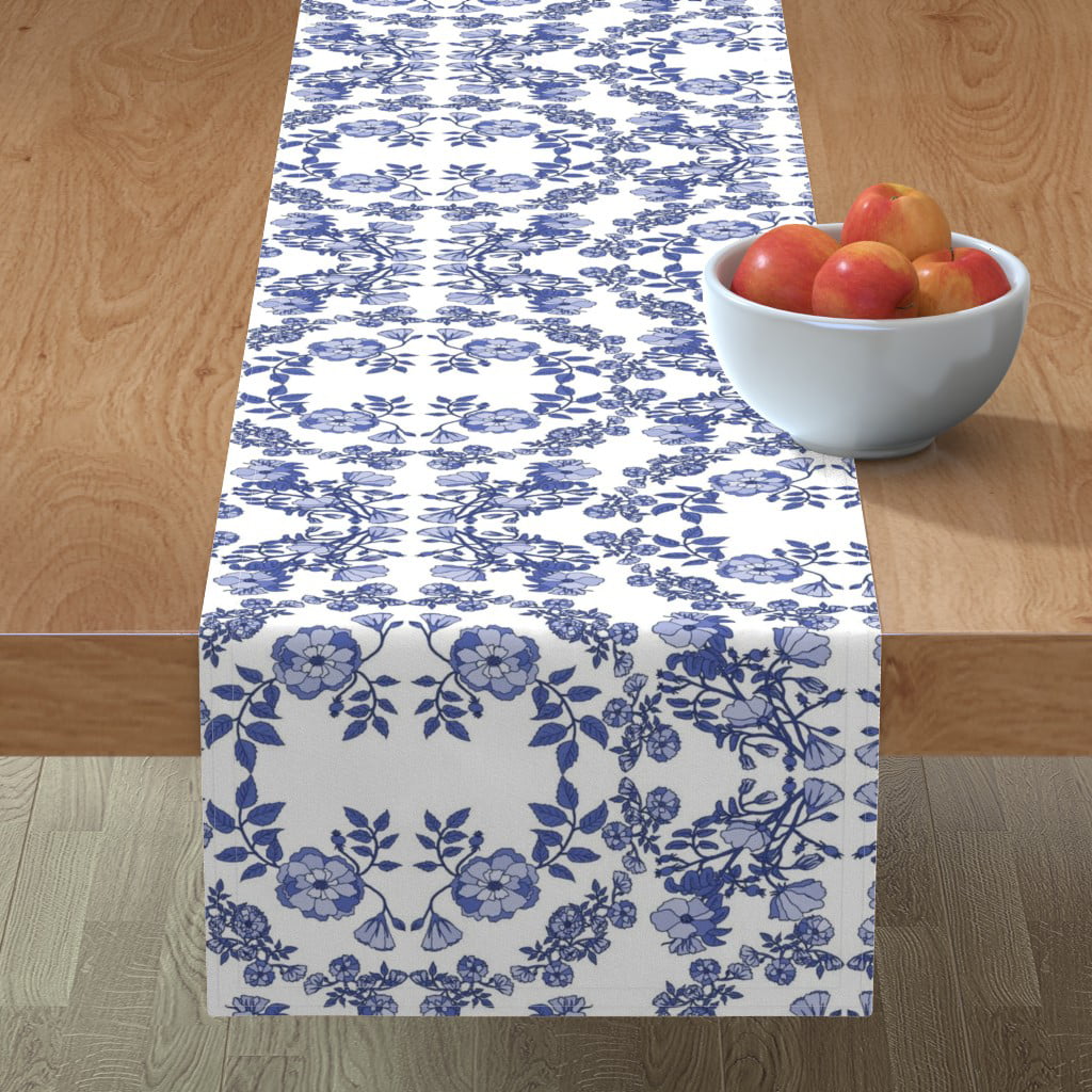 Table Runner Roses Blue And White Floral Watercolor Danish Cotton Sateen 