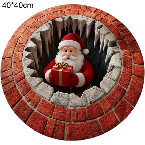 Christmas Rug, 3D Optical Illusion Round Mat with Santa Claus Design, Quilted Christmas Decorations for Living Room and Entryway, Festive Holiday Floor Carpet