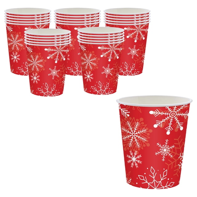 Party Cups Disposable,Disposable Paper Cups with Festive Red Snowflake Design, Durable Drinking Cups for All Beverages 25 Count