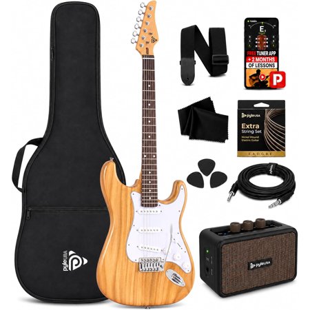 Pyle Full Size Electric Guitar Kit with 5W Amplifier, Gig Bag, Picks, Spare Strings, and Strap, ST-Style Beginner Guitar Bundle with 22 Frets, Paulownia Wood Body, Natural