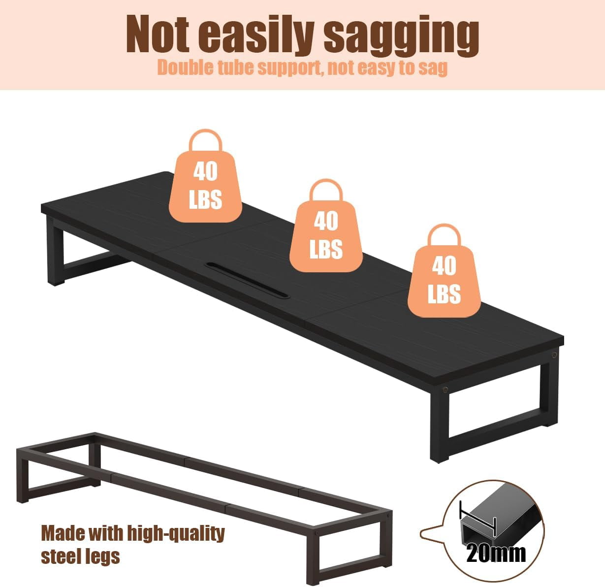 Dual Monitor Stand Riser 38.7 Inch Long Wood & Steel, 2 Monitors Desktop Stand with Tablet Holder, Ergonomic Organizer for Computer Laptop TV