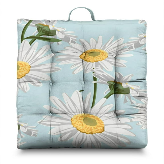 Wildflower Meditation Pillow Large 22 Inch Floor Cushion, Daisy & Bee Illustration, Dutch Velvet for Tatami & Lounge