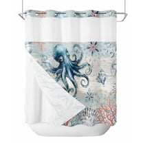 No Hook Shower Curtains, Coastal Octopus Standard Bathtub Curtains with Snap in Liner, Ocean Nautical Conch Coral Fish Shells Waterproof Washable Fabric Bathroom Shower Curtain Sets, 72" x 72"