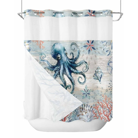 No Hook Shower Curtains, Coastal Octopus Standard Bathtub Curtains with Snap in Liner, Ocean Nautical Conch Coral Fish Shells Waterproof Washable Fabric Bathroom Shower Curtain Sets, 72" x 72"