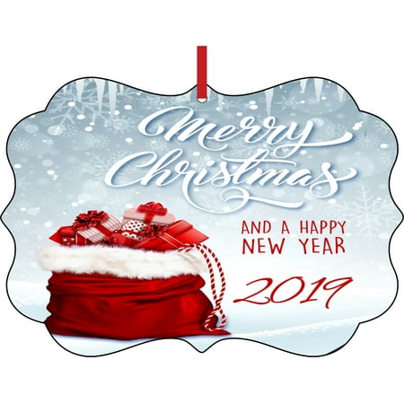 Happy Merry Xmas Merry Christmas and a Happy New Year 2019 Double Sided Elegant Aluminum Glossy Christmas Ornament Tree Decoration - Unique Modern Novelty Tree Décor Favors ()