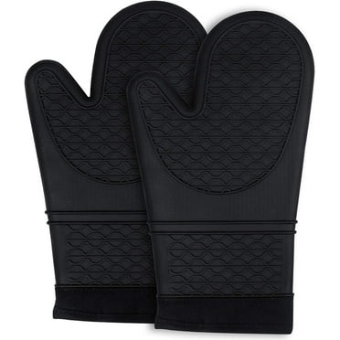 SwFoer Silicone Oven Mitts Heat Resistant Oven Gloves to 446℉ Non-Slip with Quilted Liner Mitts for Cooking Baking and BBQ, Black