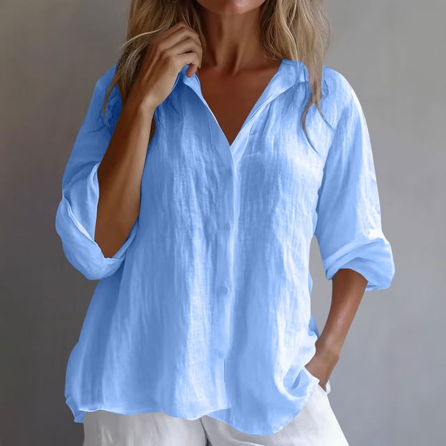 Roncen Womens Cotton Linen Tunic Shirts Button Down Long Sleeve Blouse Tops Beach Cover Up
