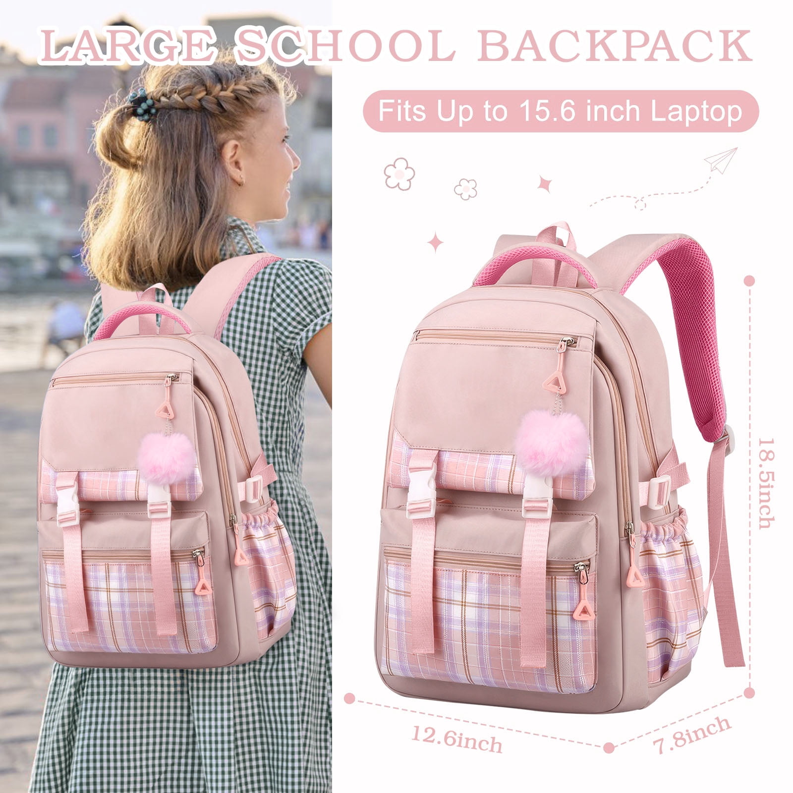 DAKIMOE Pink School Backpack for School, Travel, Work, Large Capacity Waterproof Bookbag with 7 Compartments and Luggage Belt