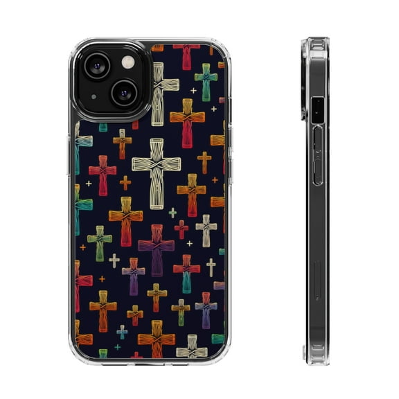 DistinctInk Hybrid (Acrylic / TPU) Clear Slim Fit Case for Apple iPhone 12 (6.1" Screen) - "Minimalistic Hand-Drawn Christian Crosses on Black"