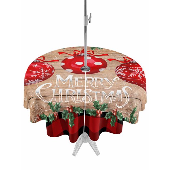 Outdoor Tablecloth with Umbrella Hole and Zipper, Christmas Round Table Cloth 60 Inch Waterproof Tablecloth, Xmas Balls Snowflakes Trees Red Plaid Wooden Picnic Table Cover for Patio Camping