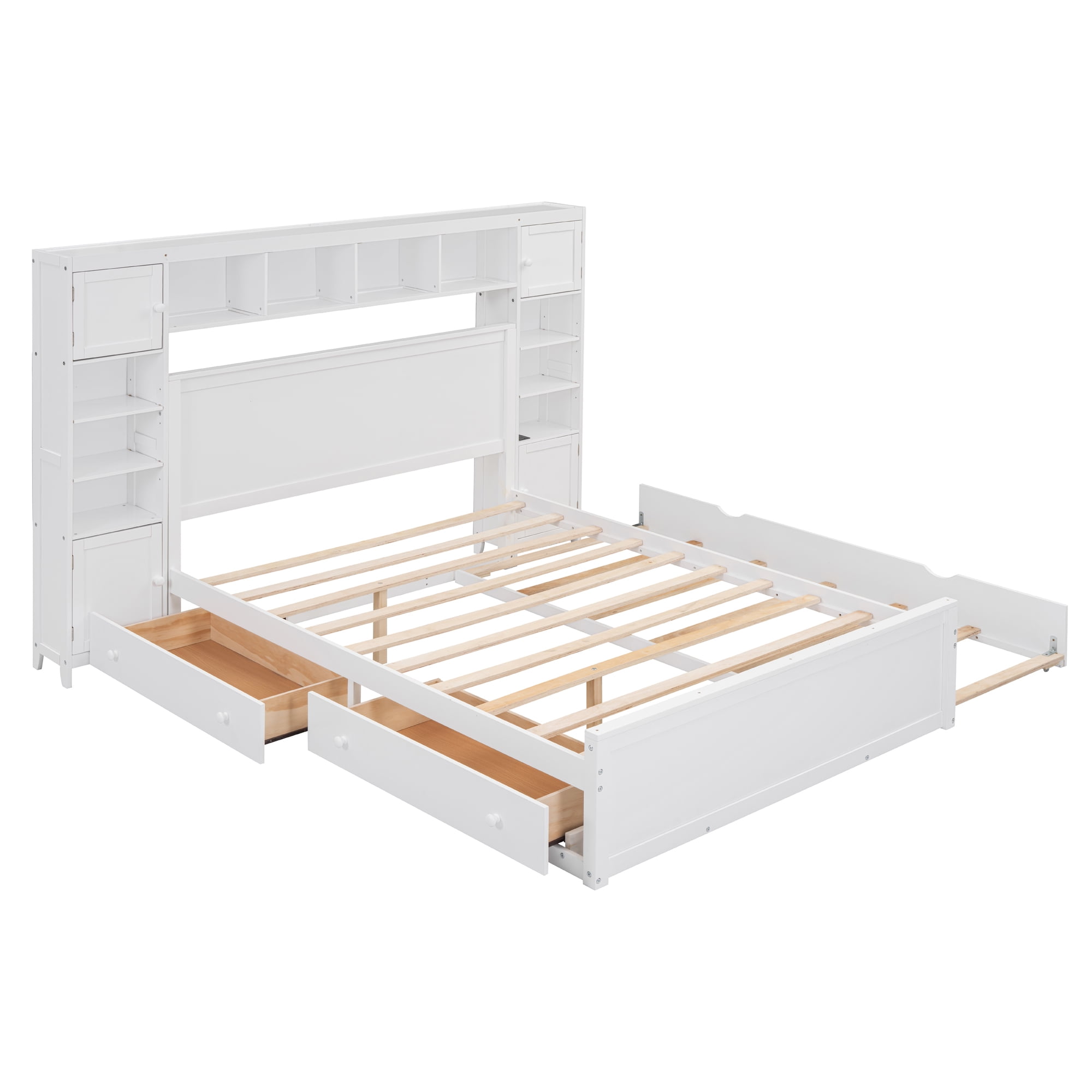 Aukfa Queen Size Bed Frame with All-in-One Cabinet and Shelves, Wooden Functional Bed with Trundle and Storage Drawers, USB Ports Outlets, White
