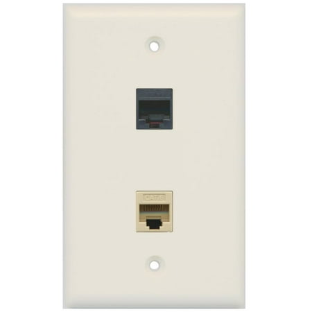 Rj11 Phone Wall Plate - RiteAV - 1 RJ11 RJ12 Black Phone Port and 1 Cat6 Ethernet Port Wall Plate - Light Almond
