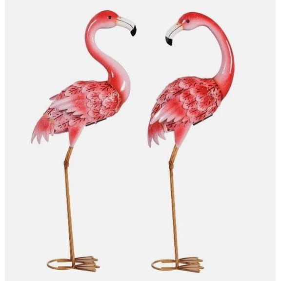 Evergreen Solar LED Flamingo Garden Statues, Handcrafted Metal Outdoor Yard Decor with Solar Lights, Pink Flamingo Pair (2 Pack)