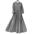 thumbnail image 4 of Hurxie Women Casual Boho V Neck 3/4 Sleeve Smocked Waist A Line Flowy Swing Midi Dress Smocked Long Dress Gray,2XL, 4 of 6