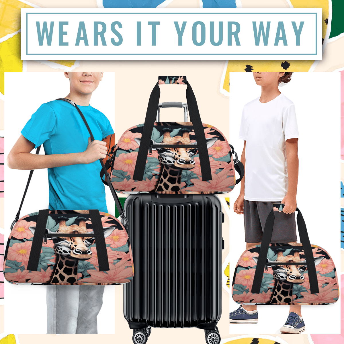 Herdesigns Giraffe Sports Duffle Bag for Women & Men, Flower Giraffe Gym Bag Dance Bag Overnight Bag Carry On Weekender Travel Bag
