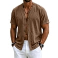 thumbnail image 2 of Men's Short Sleeve Linen Button Down Shirts Collarless V-Neck Untucked Casual Summer Old Money Tops, L, 2 of 8