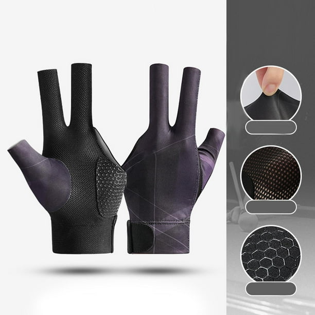 Pool Cue Guantes de billar Mano izquierda Accesorios de billar Universal Mujeres Hombres Elástico Transpirable Juegos de interior Tres Finger Show Gua Negro Púrpura DYNWAVEMX Guantes de billar