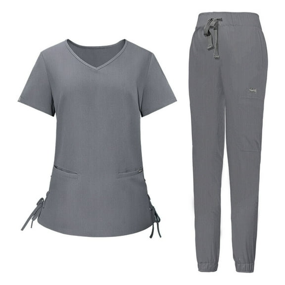 yievot Scrubs for Women Set Modern V-Neck Top and Jogger Pants Athletic Nursing Uniform Solid Stretch Workwear