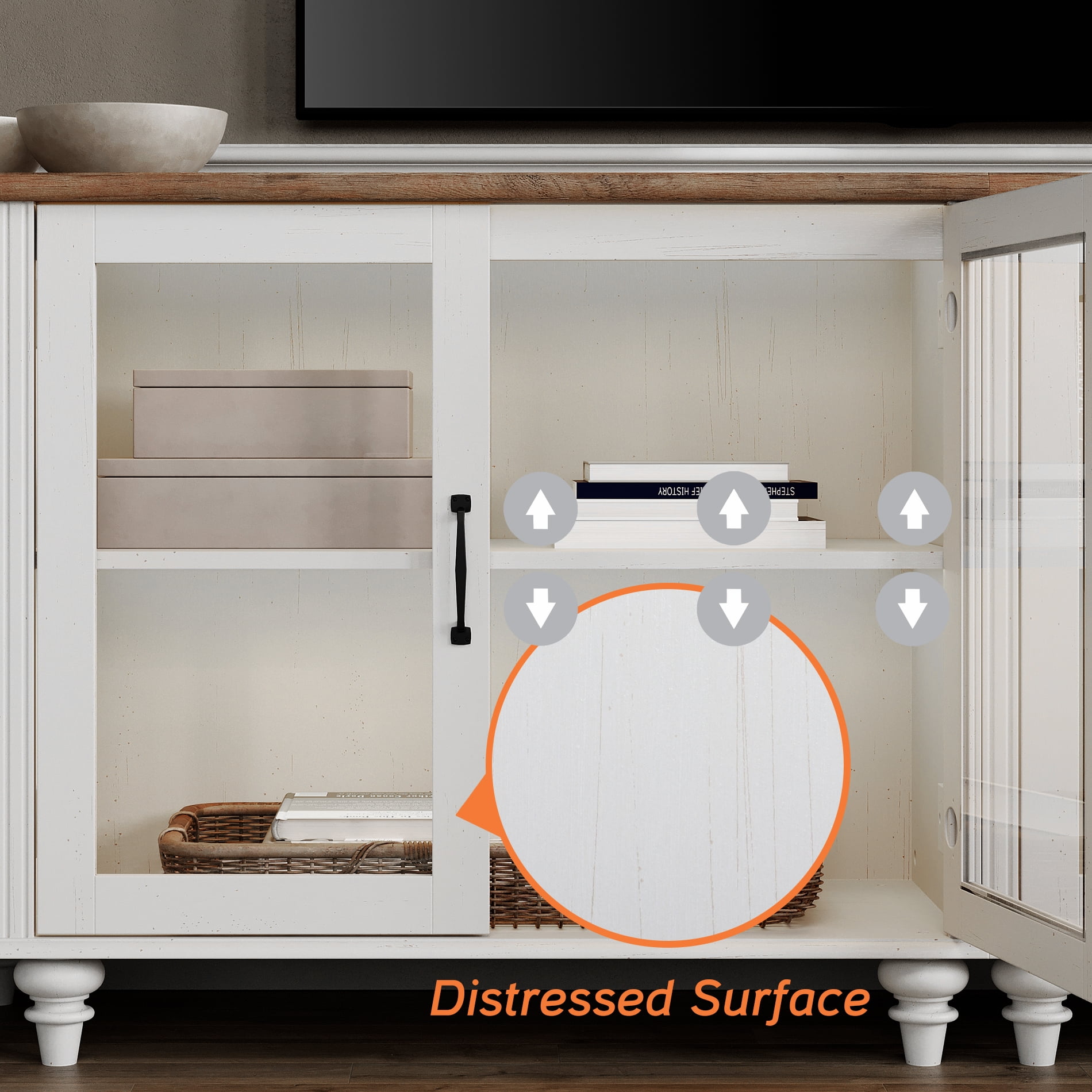 Mid Century Morden Style TV Stand for 100 Inch, Ample Storage Cabinet with 8 Glass Doors, Wooden Entertainment Center Storage Cabinet for Living Room or Dining Room or Bedroom, Off White