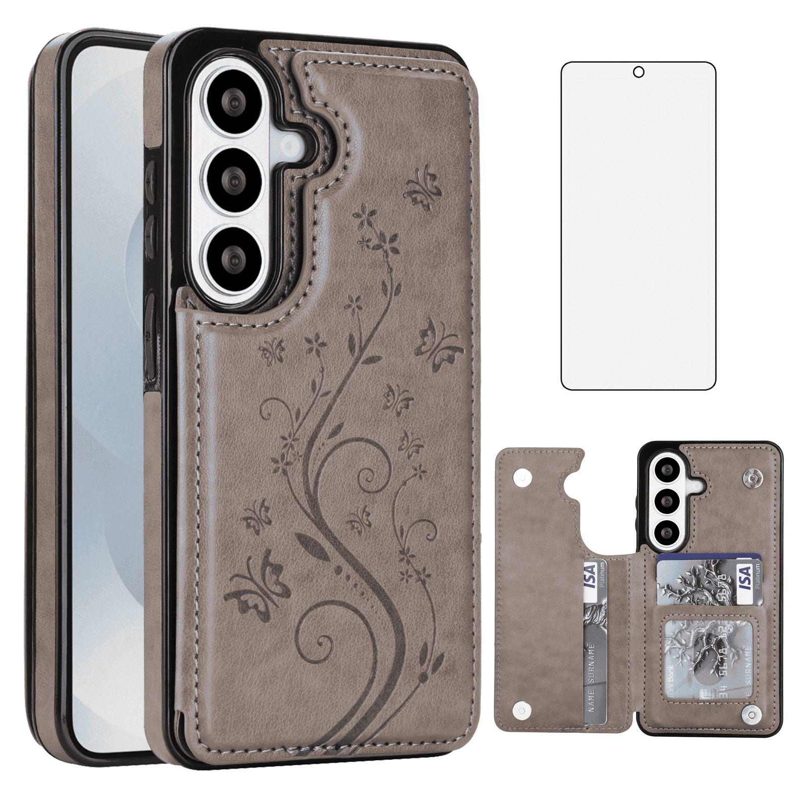 Asuwish Compatible with Samsung Galaxy A37 5G Wallet Phone Case Tempered Glass Screen Protector Flower Credit Card Holder Stand Rugged Accessories Cell Cover for A 37 37A SamsungA37 Women Men Grey