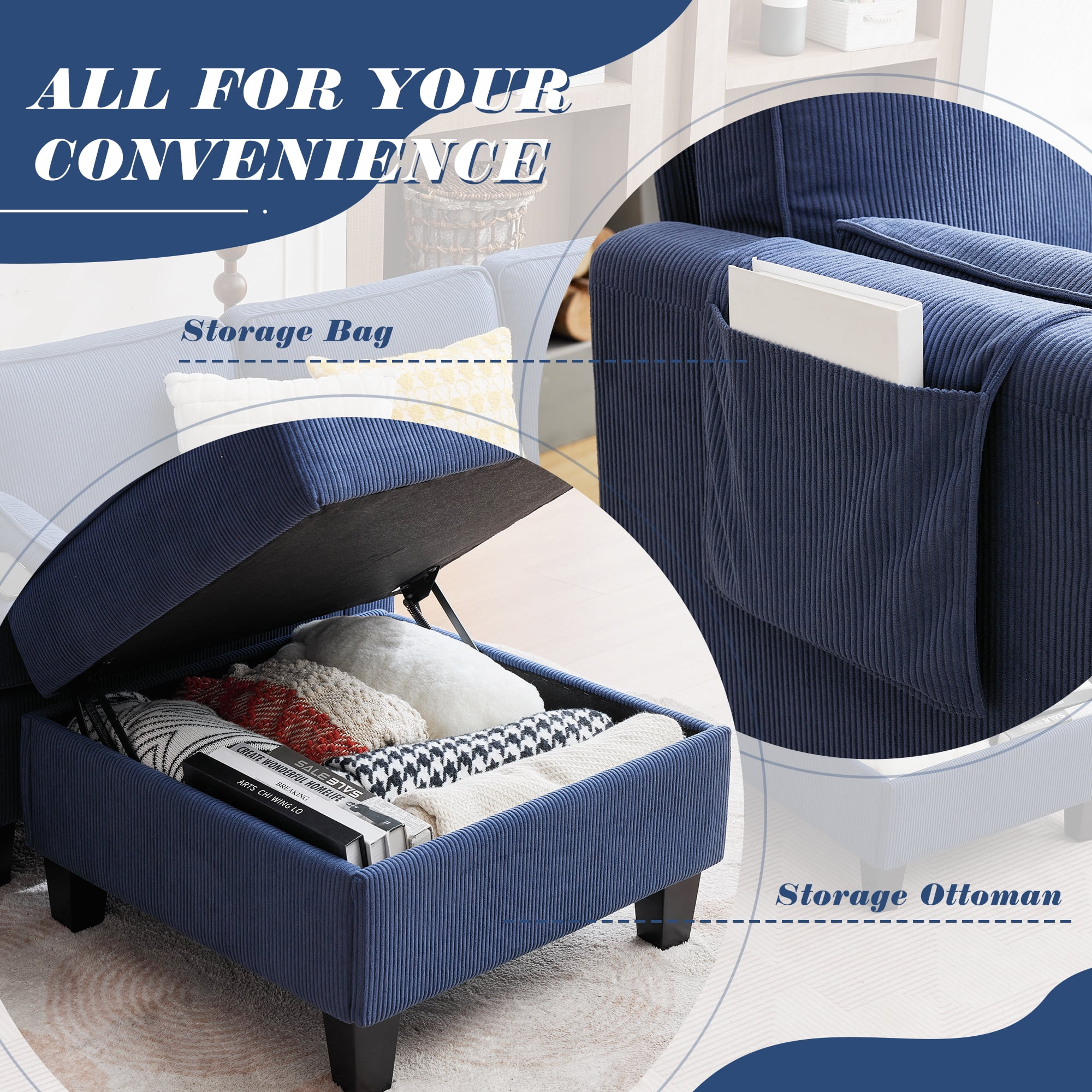 Magic Union Convertible Sectional Couches for Living Room- Small Space Couches L-Shaped Sofa, Corduroy Upholstered 3 Seats Sofas W/Storage Chaise, USB Ports, Side Pockets and Pillows