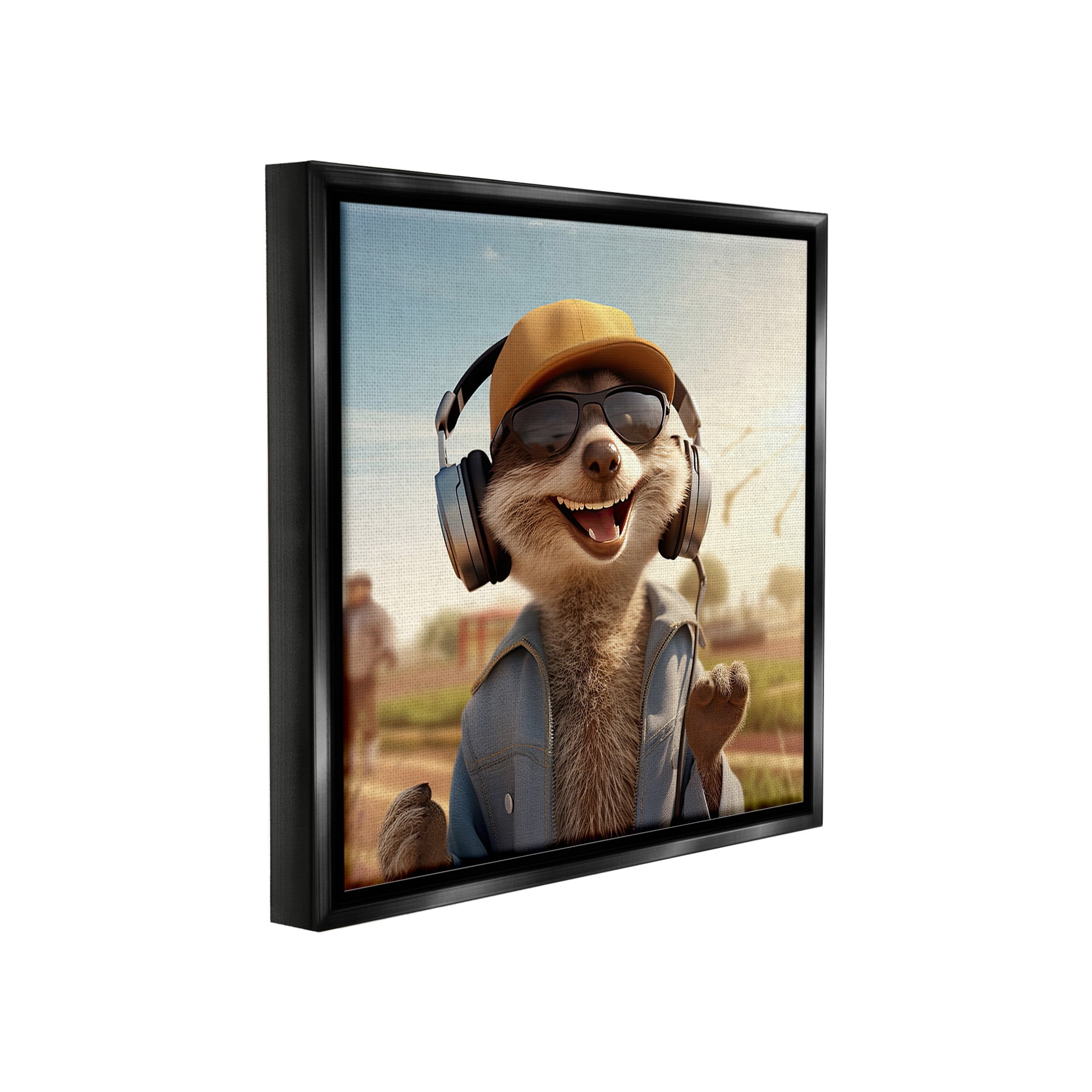 Stupell Industries Happy Fox with Headphones Animals & Insects Painting Black Floater Framed Canvas Art Print Wall Art, 25 x 25