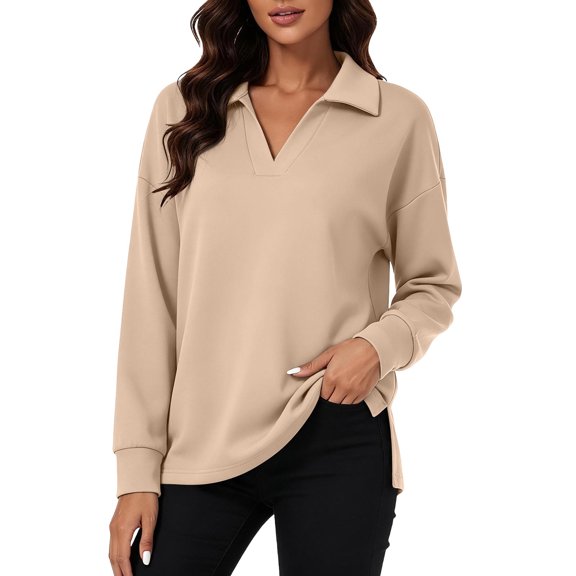 Vivianyo HD Women's Point Collar Split V Neck Long Sleeve Top, Side Slit Loose Fit Pullover Shirt for Autumn Commuting Casual Daily Activities, Sizes S-3XL