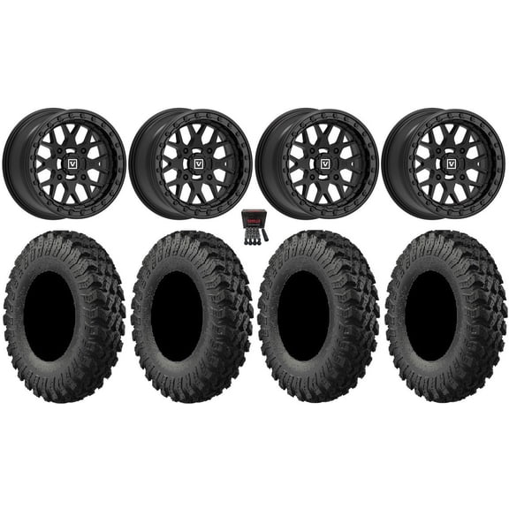 Valor V07 Beadlock 15" Wheels Black 37" MotoRally Tires Can-Am Commander Maverick Renegade Outlander Defender