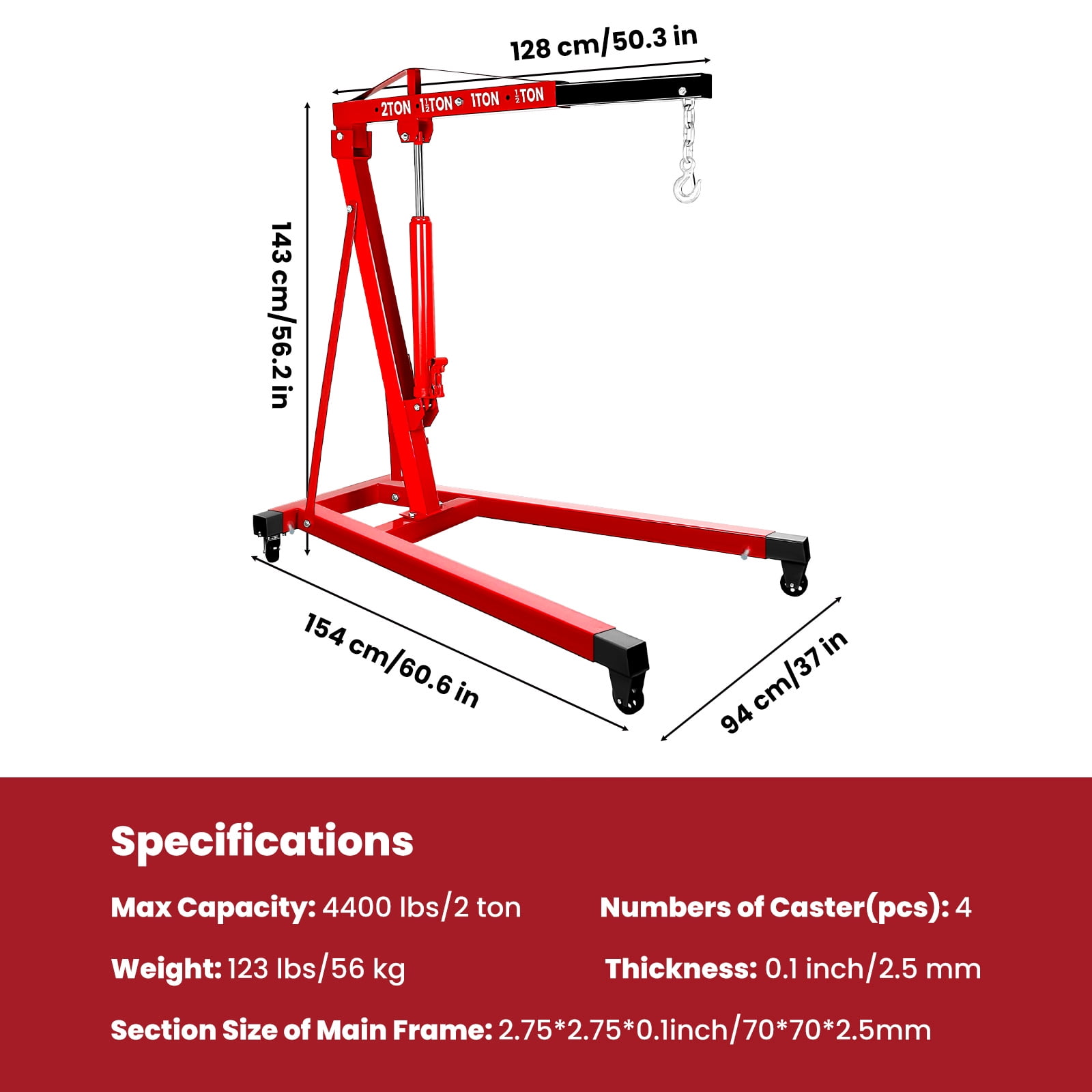2 Ton Hydraulic Garage Crane, Red Alloy Construction, Adjustable Arm, Engine Crane, Hydraulic Repair Lift, Auto Workshop, Factory Equipment