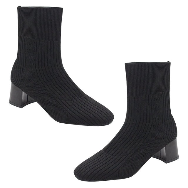 WORGEOUS 1 par de botas de tacón grueso para mujer, botas con parte superior tejida de otoño, tacones cuadrados gruesos