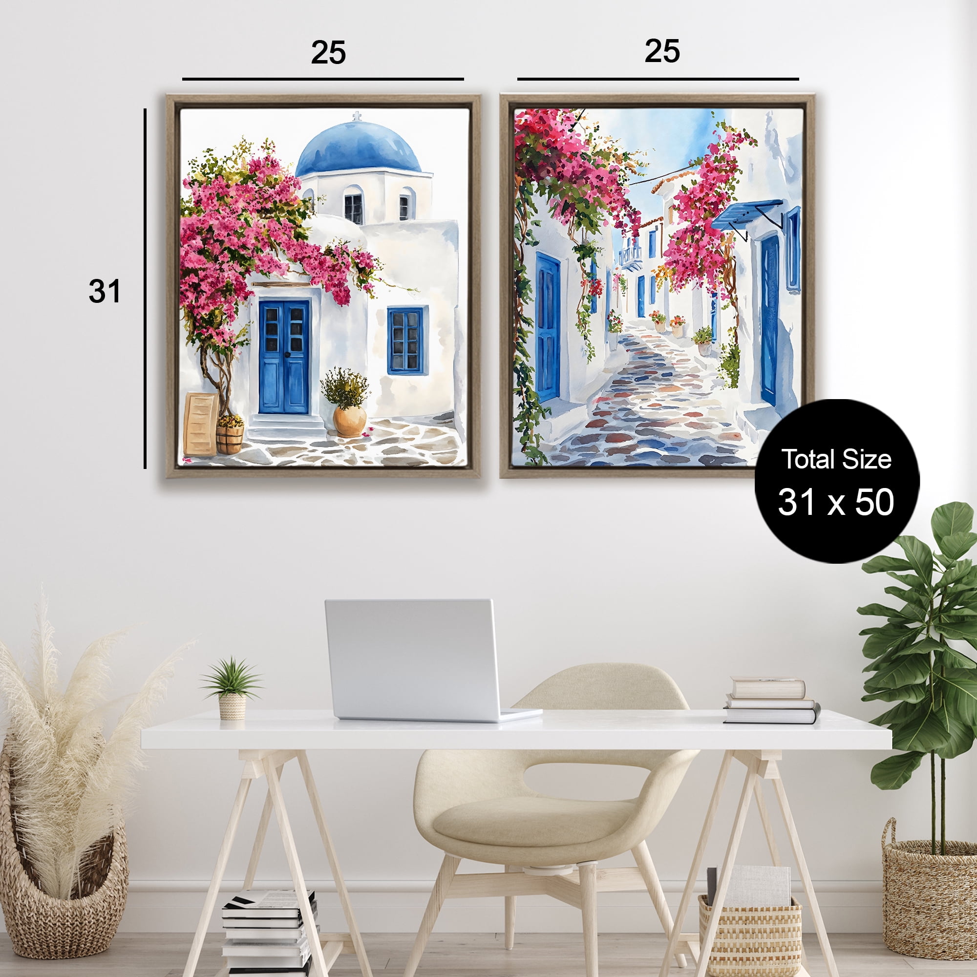 Stupell Industries Santorini House with Pink Tree 2 Piece Brown Framed Floater Canvas Set, design by LSR Design Studio
