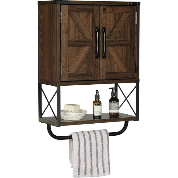 Farmhouse Rustic Medicine Cabinet with Two Barn Door,Wood Wall Mounted Storage Cabinet with Adjustable Shelf and Towel Bar, 3-Tier Cabinet for Bathroom(Dark Walnut)