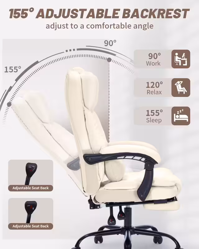 thumbnail image 5 of Qusaphy 600lbs Big and Tall PU Leather Executive Office Chair, Reclining Backrest up to 155°, Spring Cushion Seat, Lumbar Support & Adjustable Armrests for Home Office or Conference Room, 5 of 8