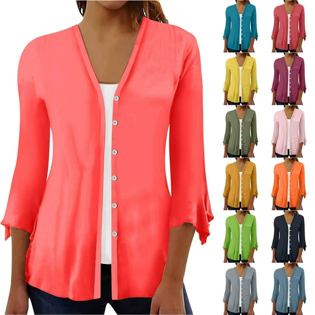 Feancey Women's Lightweight Cardigans Ruffled 3/4 Sleeve Button Down Shirt Jacket Summer Casual Beach Cover Up Open Front Cardigan Red S