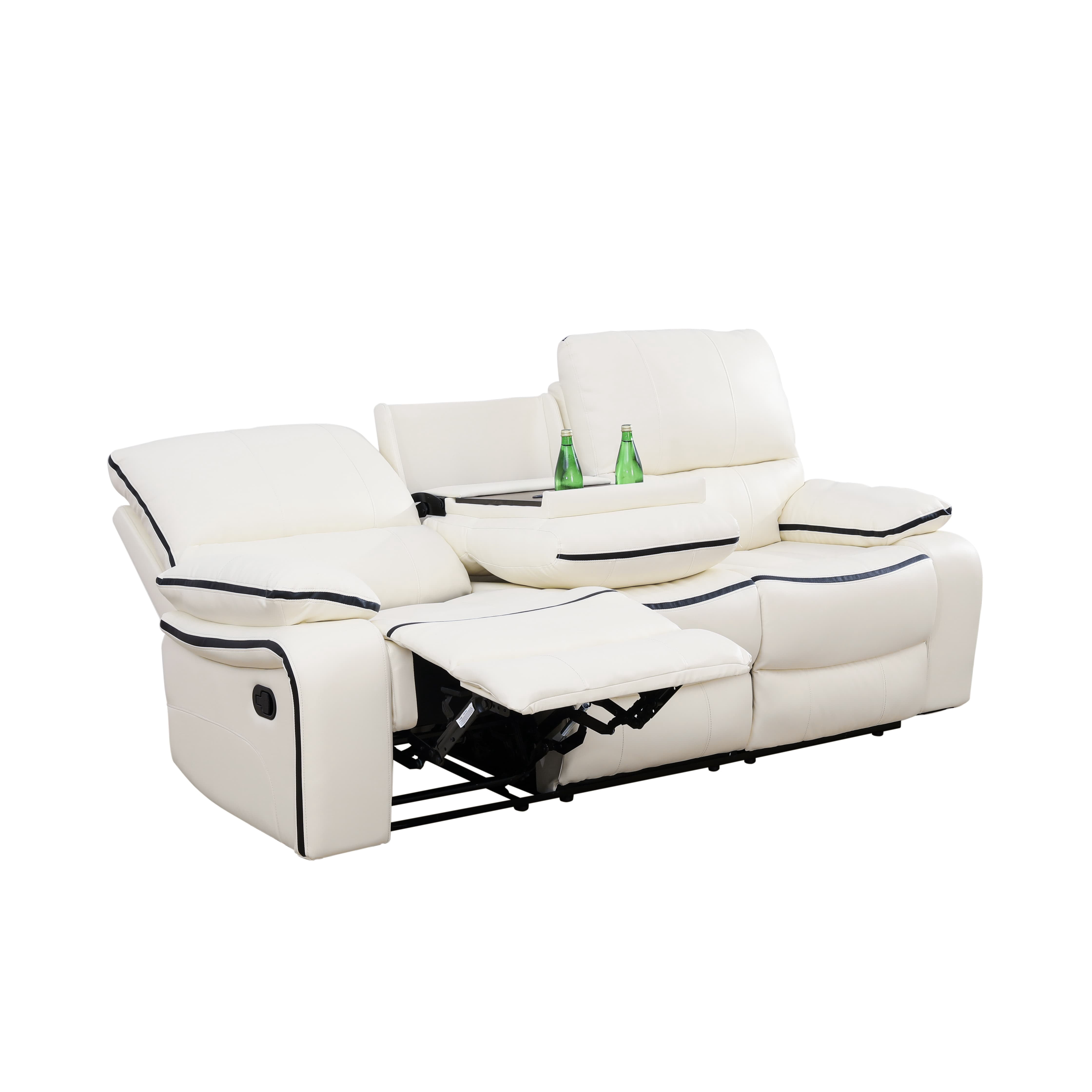 MAYEERTY Power Reclining Sofa, Electric 3-Seat Breathable Leather Recliner with Reversible Coffee Table for Living Room, White