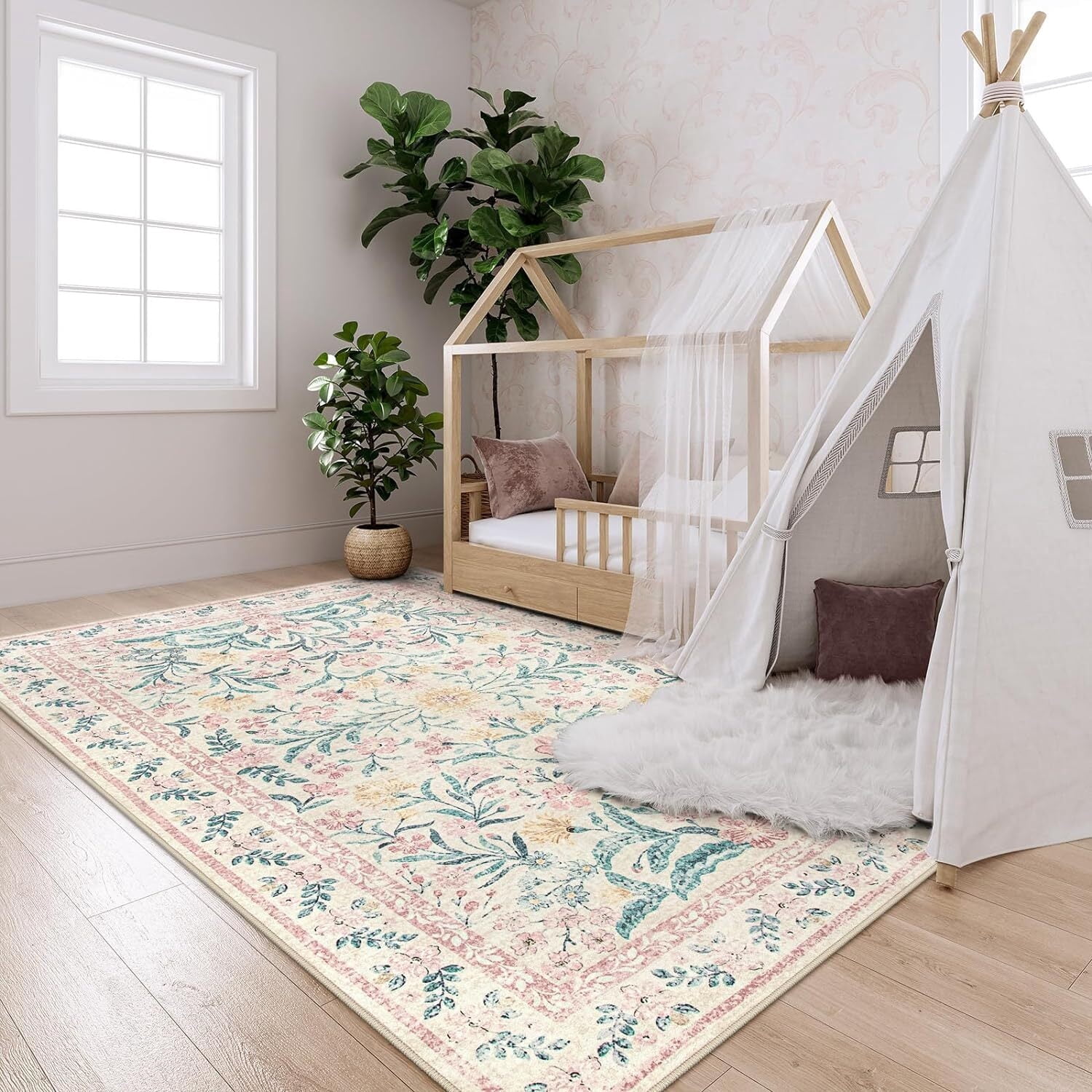 Lahome 5'x7' Washable Area Rug for Living Room with Non Slip Backing,Traditional Boho Rug,Low Pile Lightweight Carpet,Floral Print Mat,Better Home,Washable Machine for Bedroom,Pink