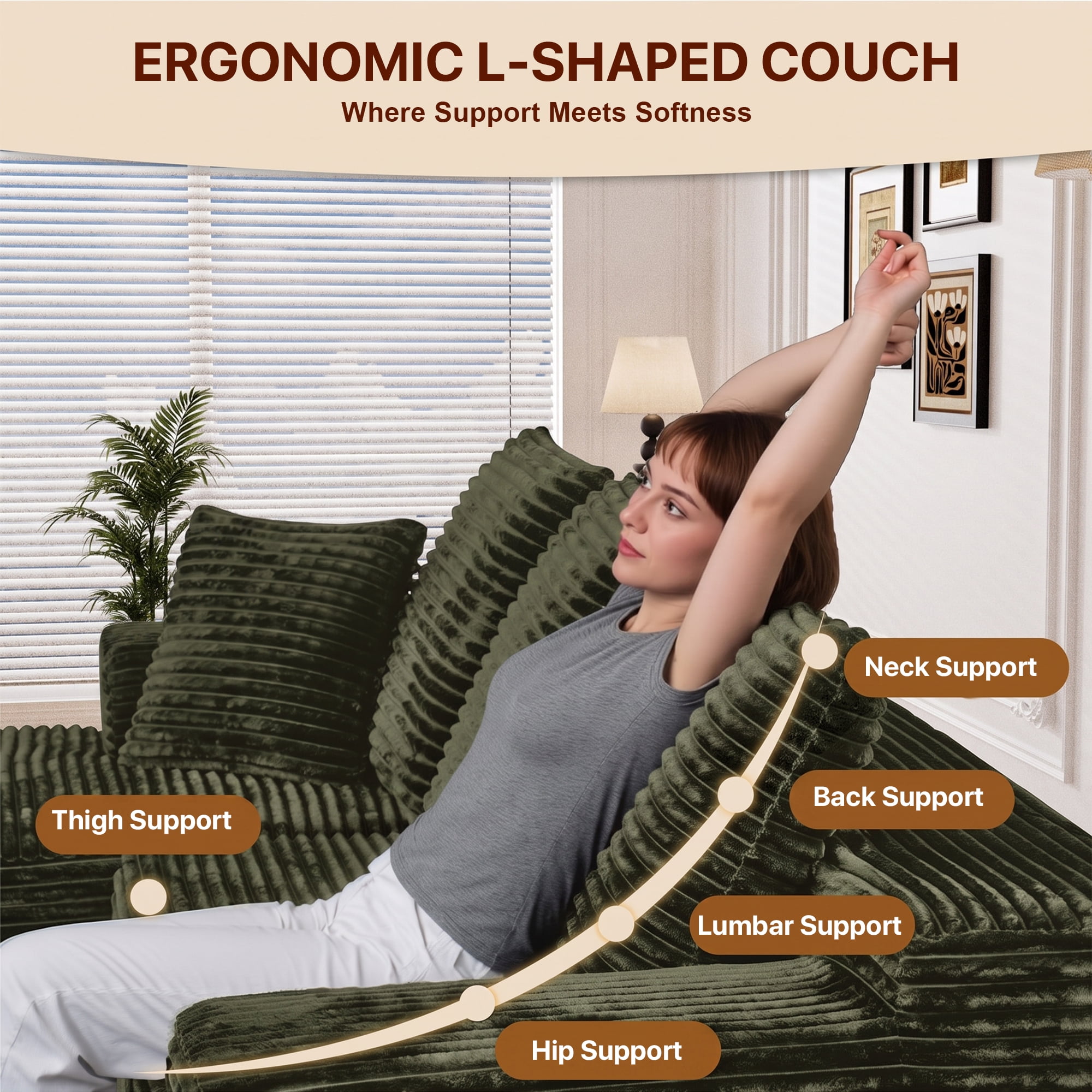 Aukfa 108" Cloud Sectional Sofa Oversized Boneless Couch Modular L-Shaped Sofa, Right Chaise Corduroy Sofa for Living Room, Green
