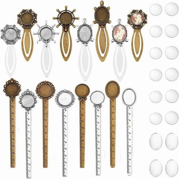 14 Sets Bookmark Tray Ruler Bookmark Vintage Style Metal Bookmarks Blanks Pendant Bookmarks with Cabochon Settings