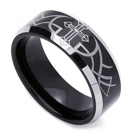 Men's 9MM Comfort Fit Tungsten Carbide Wedding Band Cross Engraved Black Beveled Edges Ring (9 to 13.5), 13.5
