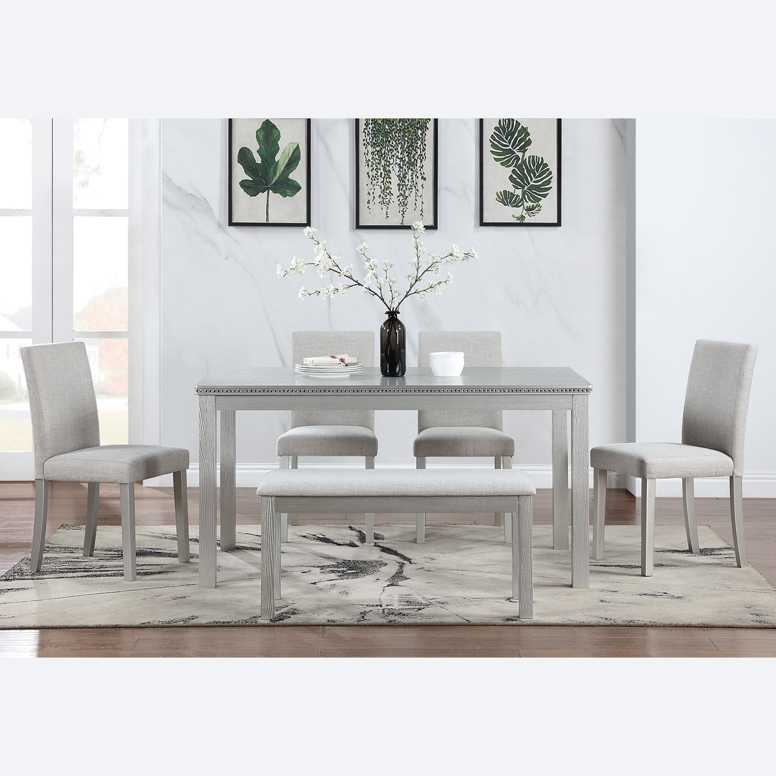 MAYEERTY 6 Piece Wooden Dining Table Set, Wooden Dining Table with 4 Upholstered Chairs and Bench for 6 People, Rectangular Dining Table Set with Crystal Decoration,Silver grey