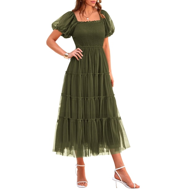 Vestido PRETTYGARDEN Midi Fruncido de Tul con Mangas Abullonadas Verde Militar Talla L